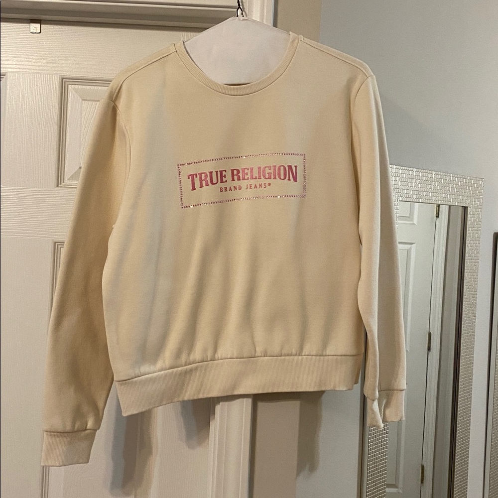 True Religion Beige Sweatshirt with Pink Logo